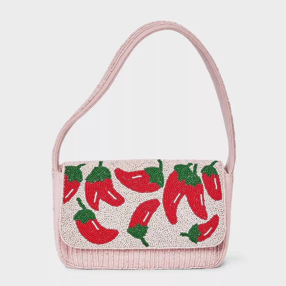 A New Day Beaded Shoulder Bag Womens Small Pink Red Chili Pepper NWT